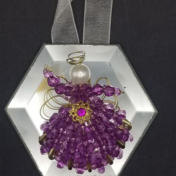 Vintage Beaded Angel Ornament on Octagon Mirror 3.5" Beads Handmade Purple - Picture 5 of 5